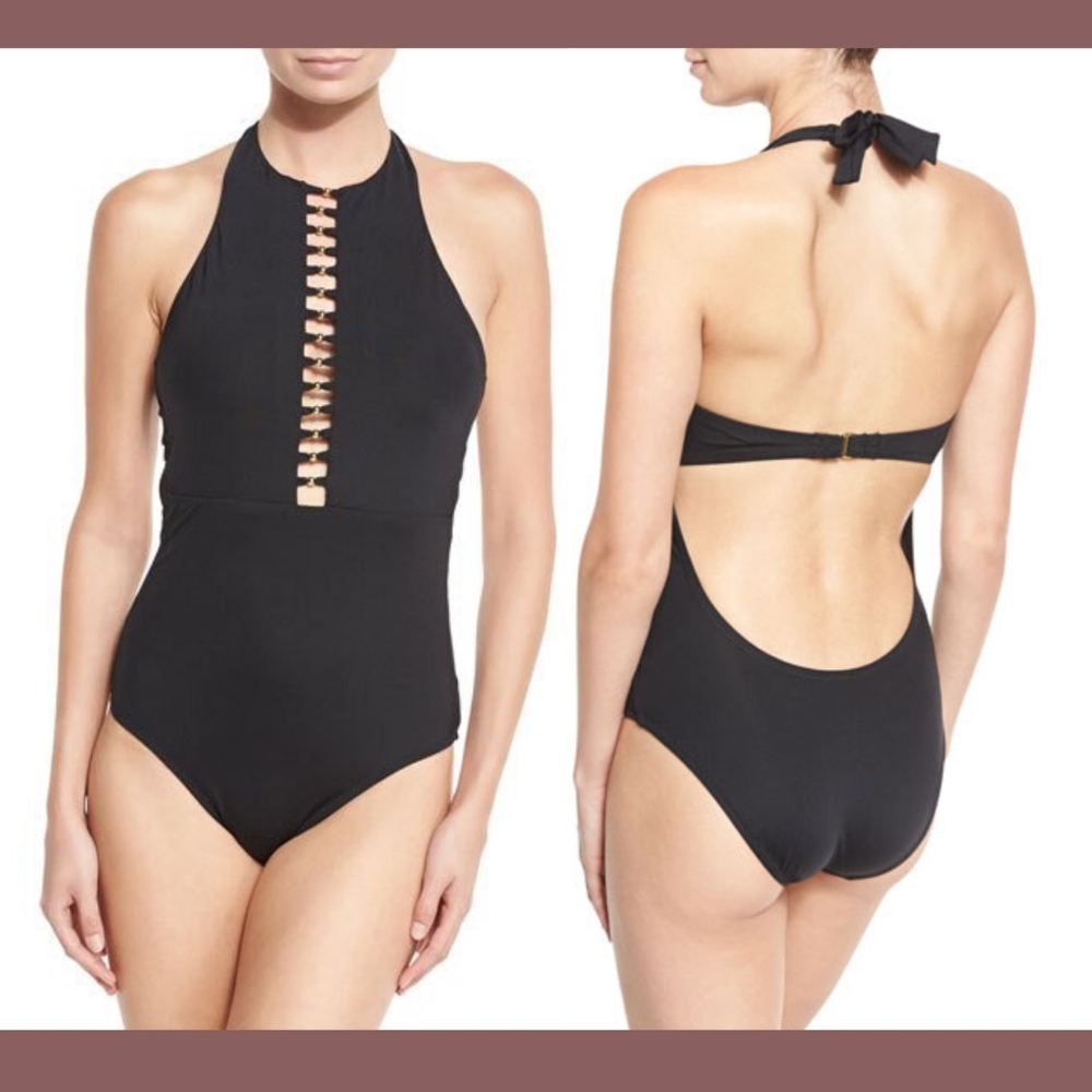 NEW $140 Trina Turk‎ Gypsy High-Neck One-Piece Swimsuit in Black [SZ 4 ]